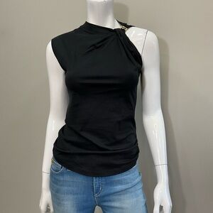 DEREK LAM Black One Shoulder Knot Tank Top Gold Hardware XS